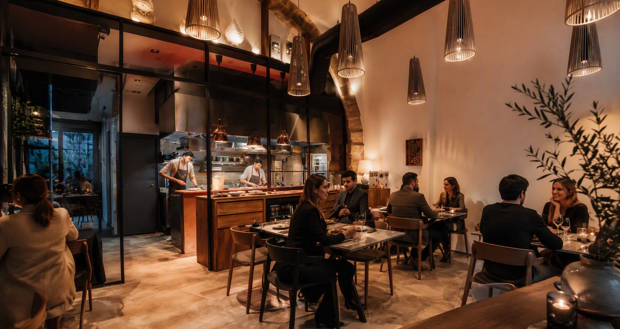 La sala di Brama con la cucina a vista sullo sfondo